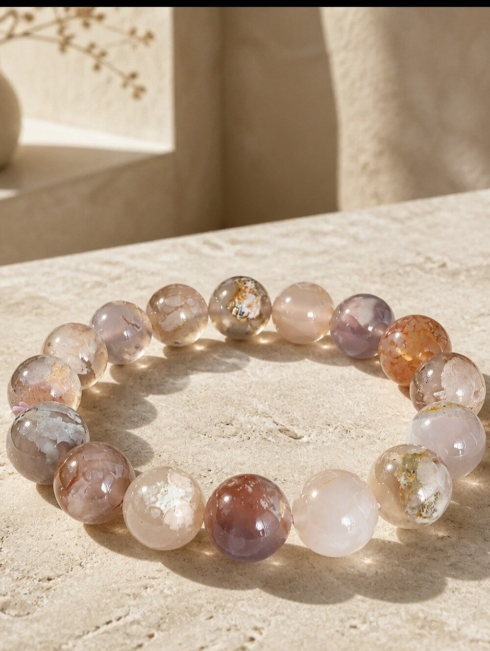 Natural Sakura Flower Agate Beaded Stretch Bracelet 12mm